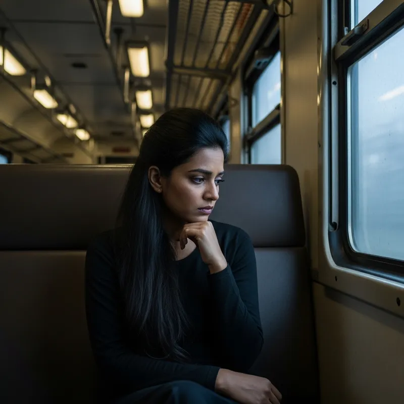 Beautiful Woman with Long Black Hair on Empty, Eerie Train