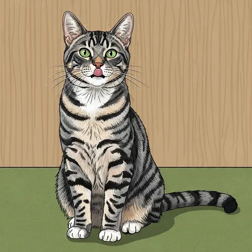 Tabby Cat Sitting on Green Carpet - Beautiful Domestic Feline