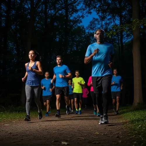Midnight Forest Run: Diverse Group of Runners in Action