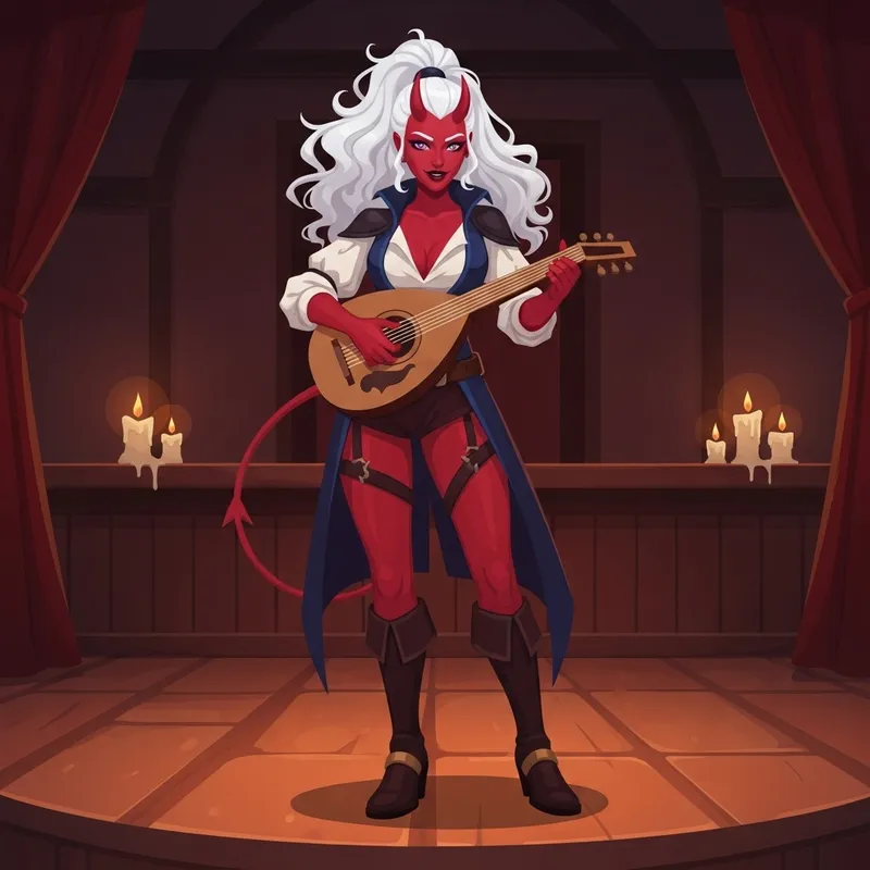 Mischievous Tiefling Rogue Performing with Lute in Tavern