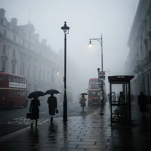 1950s London Fog: Iconic Street Scene with Victorian Buildings