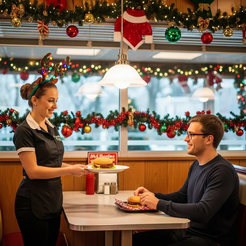 Christmas Themed Fast Food Joint | Festive Decor & Delightful Burgers
