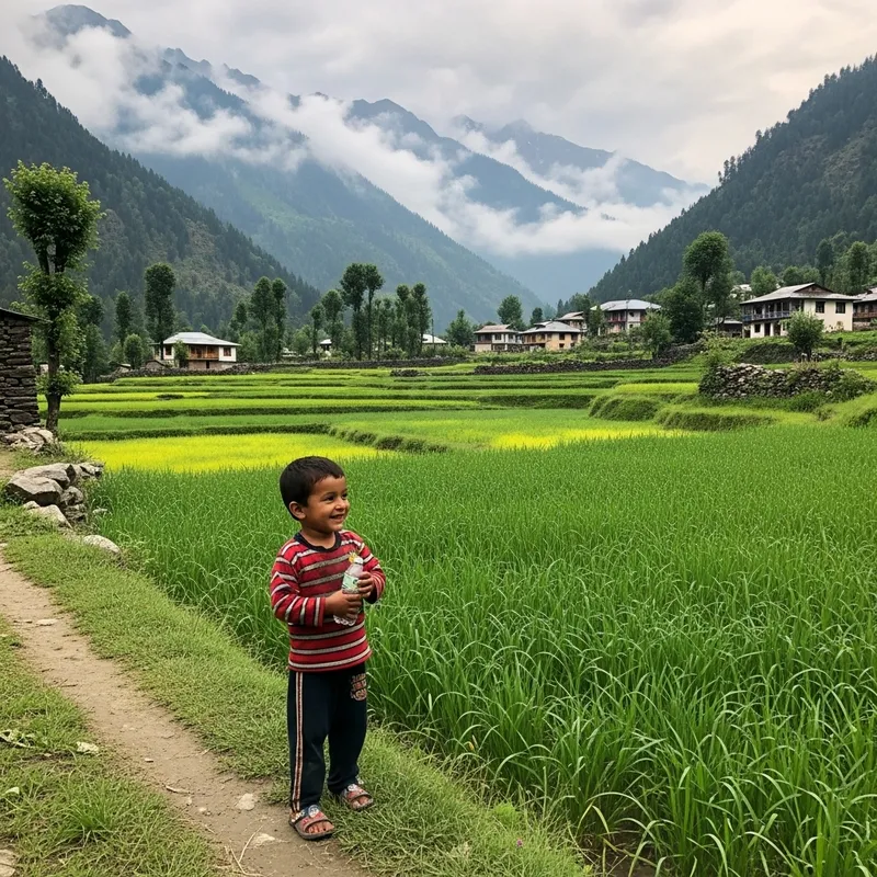 South Asian Little Boy in Mountain Village Agriculture