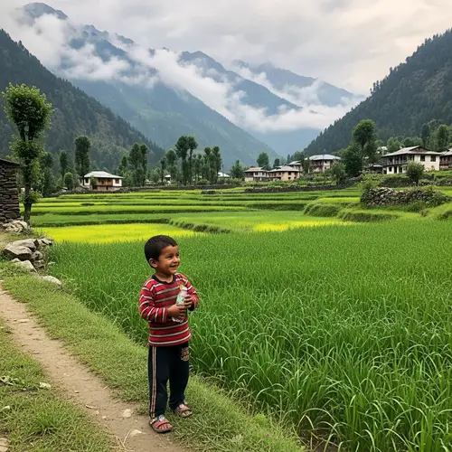 Serene South Asian Little Boy in Mountain Village Agriculture Area