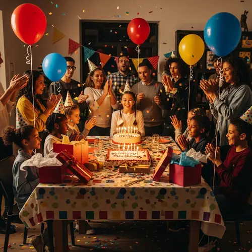 Festive Birthday Celebration with Cake and Balloons