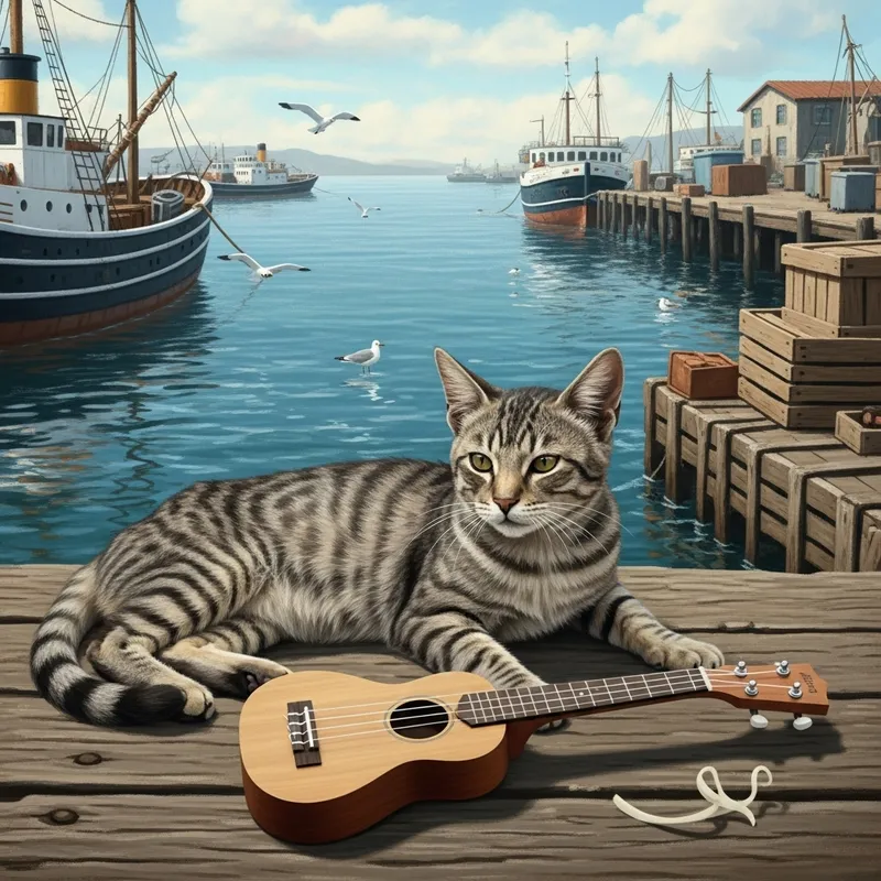 Old Cat Serenading at Harbor with Ukulele