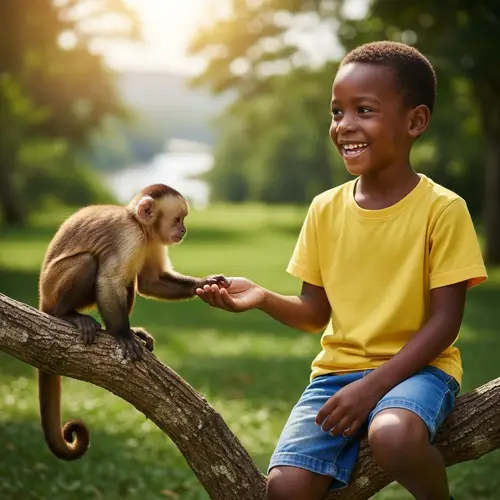 Young Boy with Playful Monkey - Joyful Friendship Moment