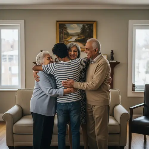 Heartwarming Family Hug in Cozy Home | Multicultural Scene