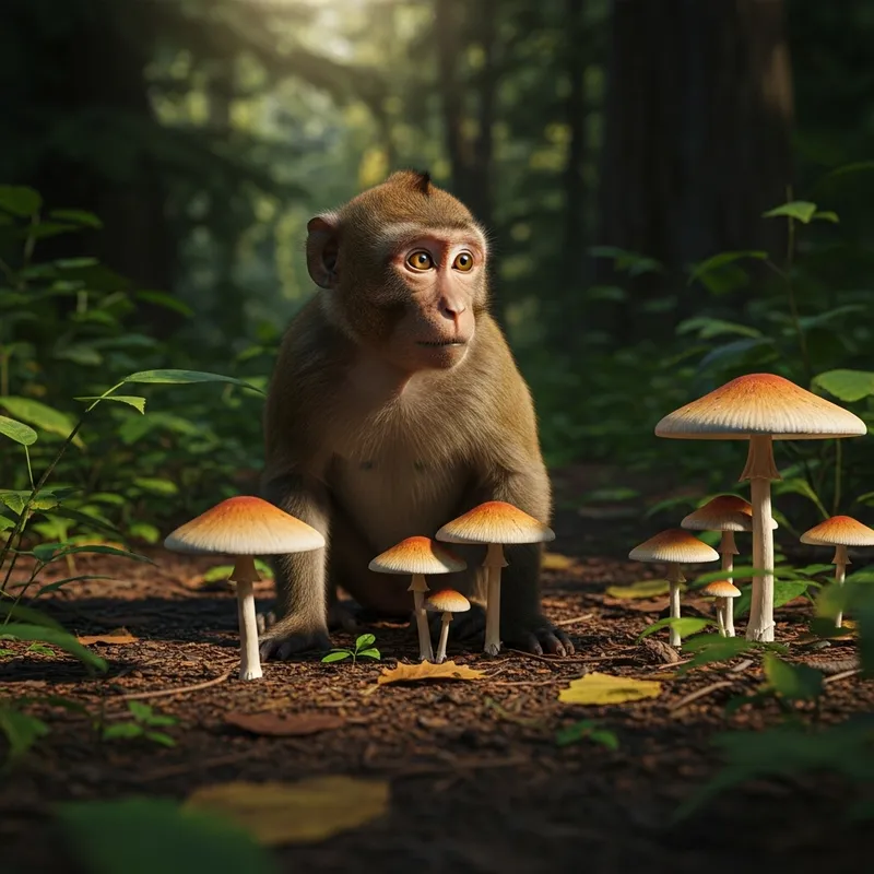 Curious Monkey with Magical Mushrooms in BC Forest