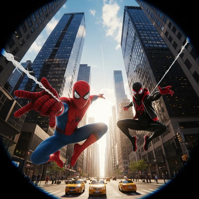Spiderman and Miles Morales Fisheye Lens Photo