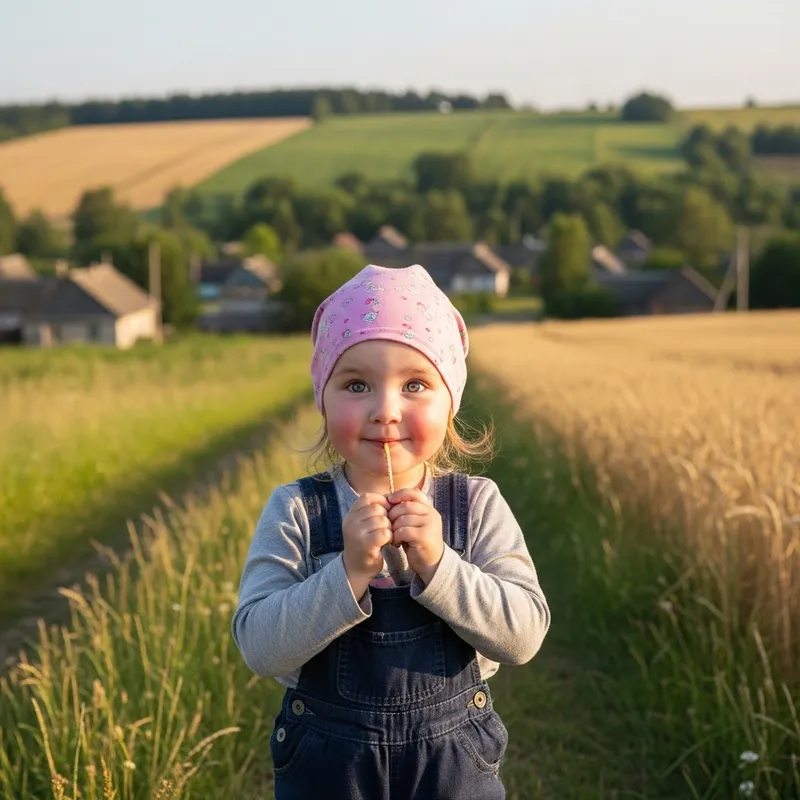 Happy Little Belarusian Girl in Rural Countryside | Serene Landscape.