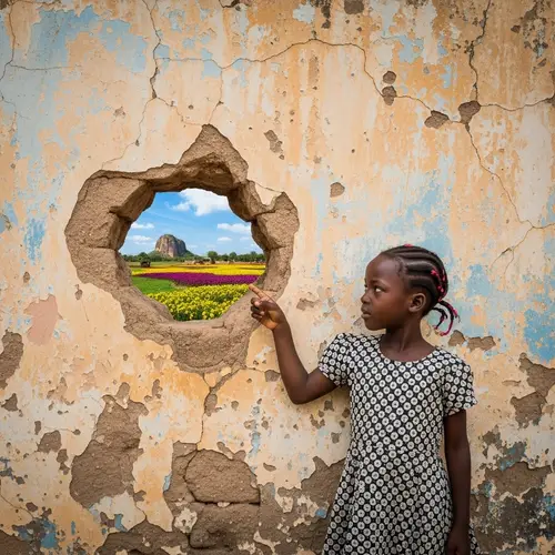 African Girl Discovers Serenity Beyond Crumbling Wall