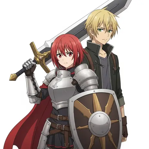 Fierce Red-Haired Warrior Girl with Giant Sword and Shield