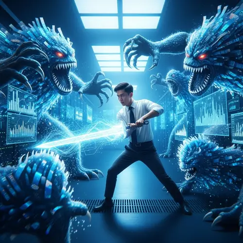 Data Engineer Battling Data Monsters | Futuristic Scene