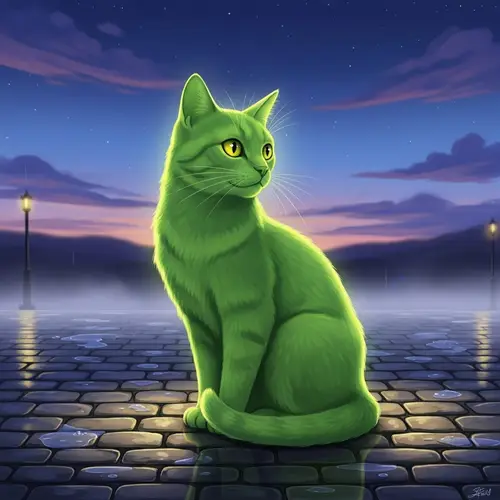 Vibrant Lime Green Cat Illustration on Cobblestone Street