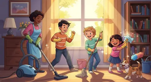 Lively Animated Family Cleaning with Joy | Sparkling Home Scene