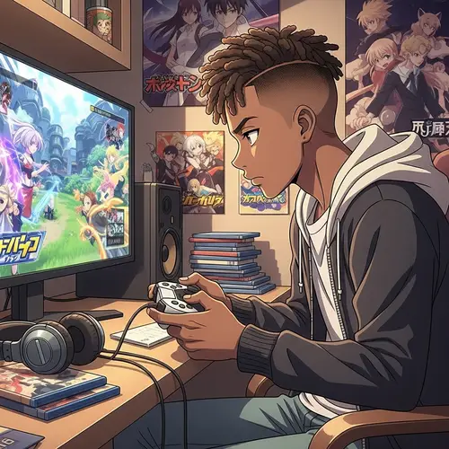 Anime Style Black Boy Playing Video Games in Casual Clothes