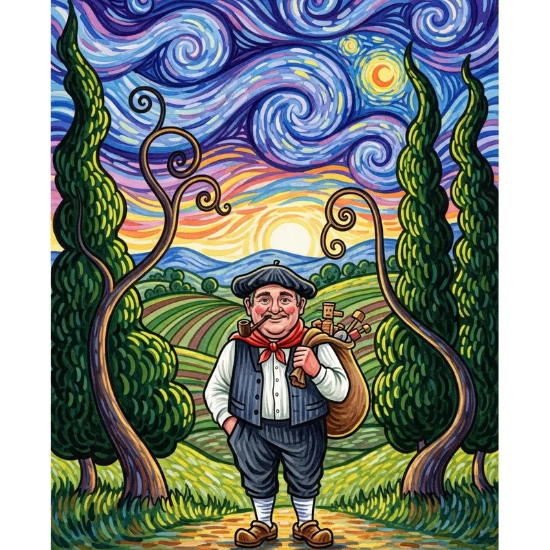 Olentzero Watercolor Portrait in Van Gogh Style - Nature Elements