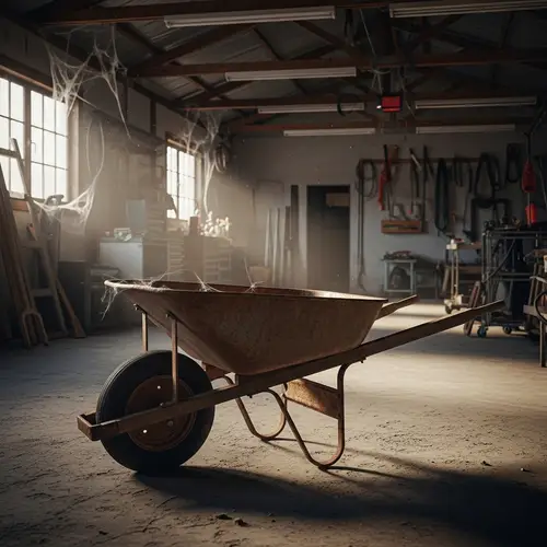 Rusted 'McQueen' Wheelbarrow in Abandoned Garage - Symbol of Hard Work