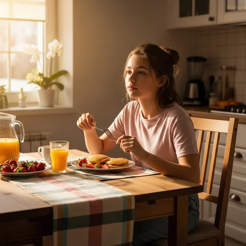16-Year-Old Caucasian Girl Eating Breakfast in Cozy Kitchen
