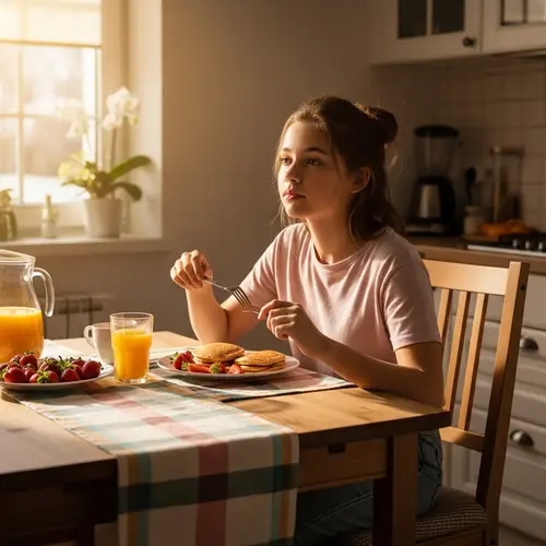 16-Year-Old Caucasian Girl Enjoying Breakfast in Sunlit Kitchen