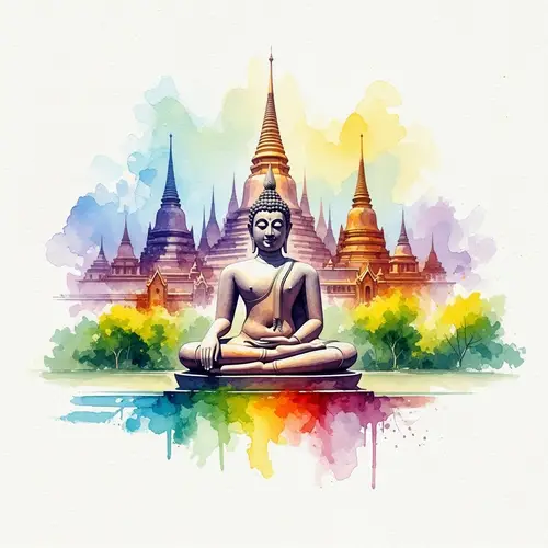 Serene Buddha Watercolor Art | Peaceful Temple Scene