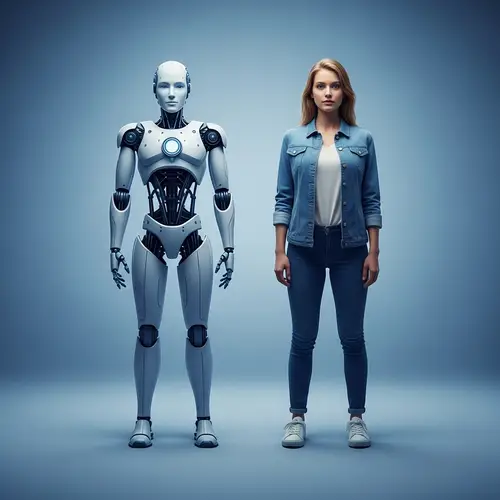 Robot and Human Mirror Image in Blue Tones