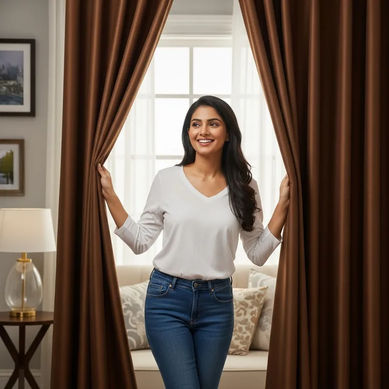 Captivating Scene of Joyful Woman Unveiling Coffee-Colored Blackout Curtains Captivating Scene of Joyful Woman Unveiling Coffee-Colored Blackout Curtains