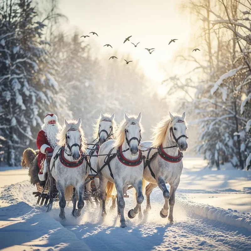 Grandfather Frost on Sleigh with Three White Horses in Winter Scene Grandfather Frost on Sleigh with Three White Horses in Winter Scene
