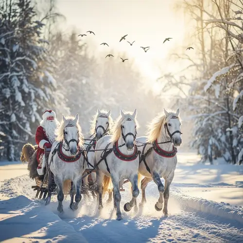 Winter Scene with Grandfather Frost on Sleigh and White Horses