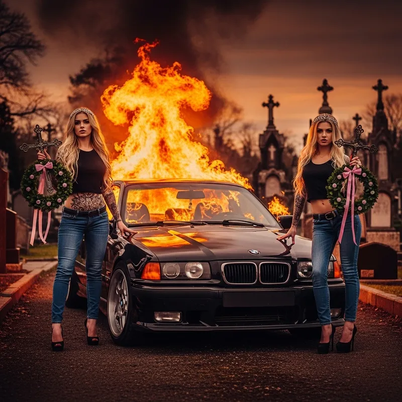Gothic BMW E36 on Fire: Two Striking Women in Mourning
