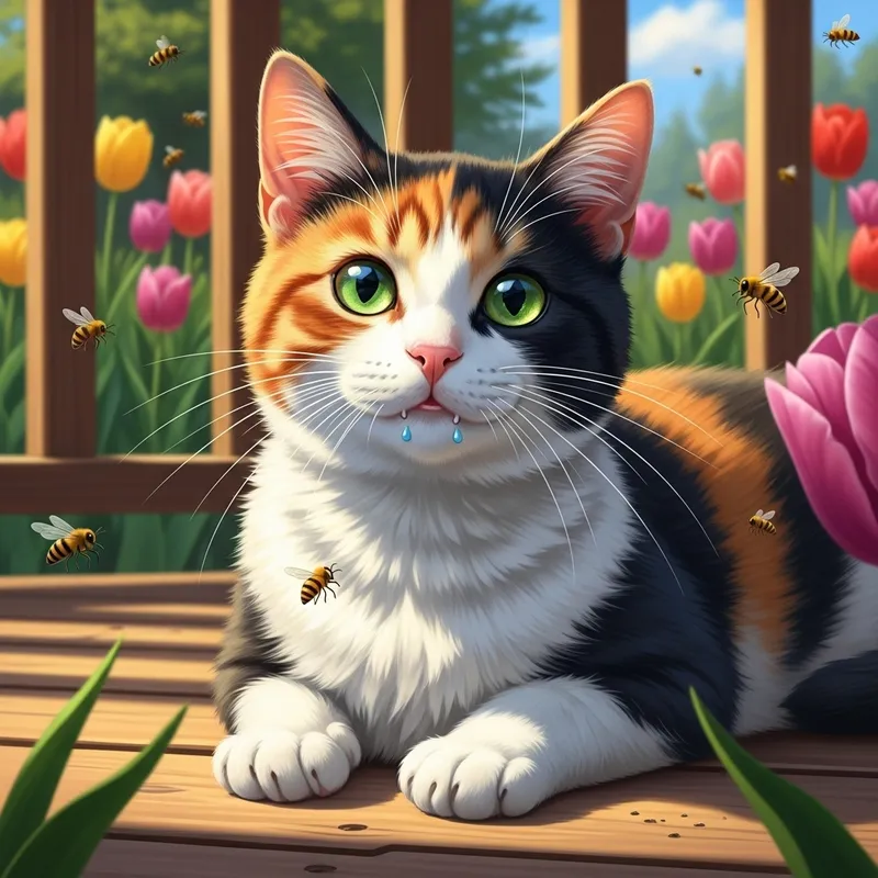 Cute Cat Basking in Sunlight on Deck with Flowers