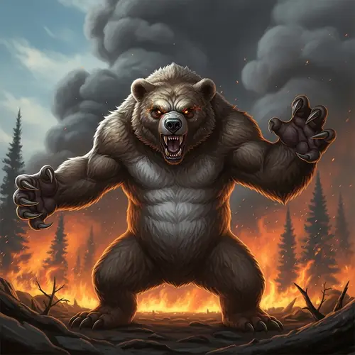 Fierce Bear-Like Fantasy Creature in Fiery Forest Scene