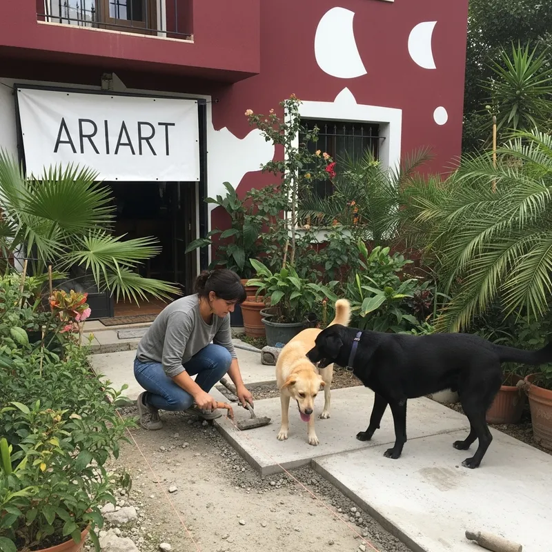 Spanish Woman Constructing Concrete Floor in Exotic Bar Lounge Surrounded by Tropical Plants and Dogs
