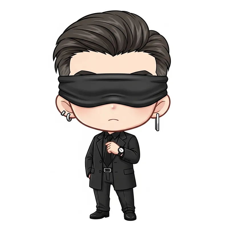 Cute Chibi-Style Blindfolded East Asian Figure in Modern Attire