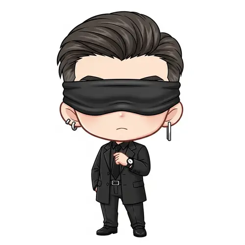 Chibi-Style Blindfolded East Asian Figure in Modern Attire