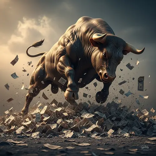 Powerful Bull Rising From Currency Ashes - Dramatic Artistry