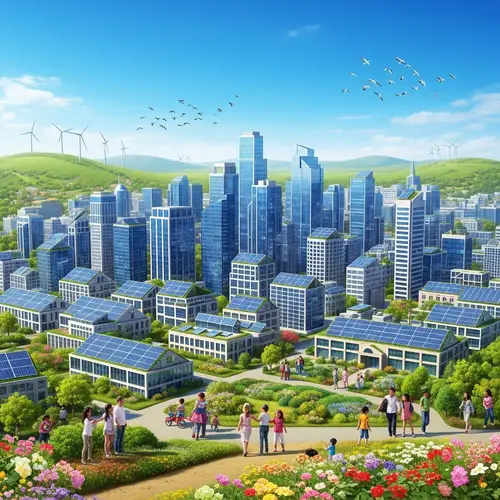 Vibrant City with BIPV Technology | Joyful People & Wind Turbines