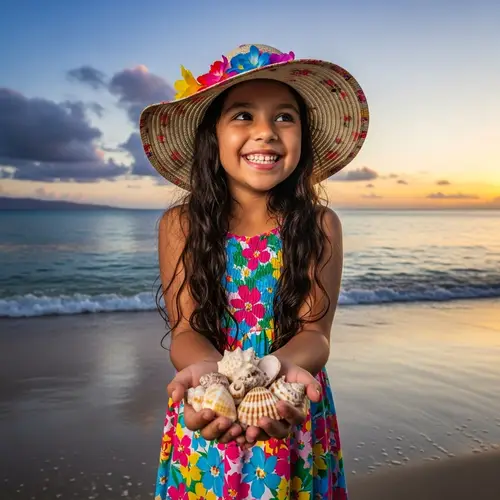 Tranquil Beach Sunset: Happy Hispanic Girl with Seashells