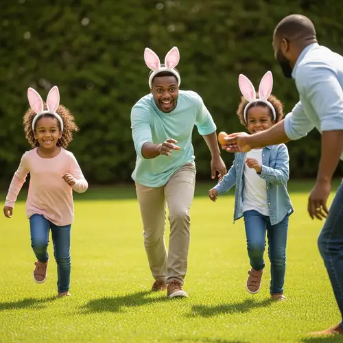 Joyful Family Moment: Children Running to Father with Egg