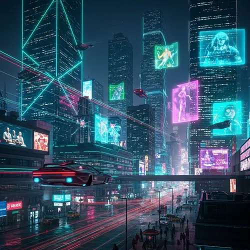 Futuristic Cybernetic Cityscape | Neon-Lit Night Scene