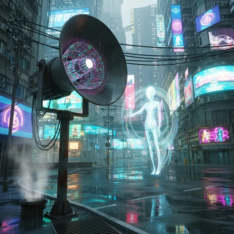 Futuristic Loudspeaker in Cyberpunk Street Scene