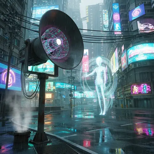 Futuristic Loudspeaker in Cyberpunk Street Scene