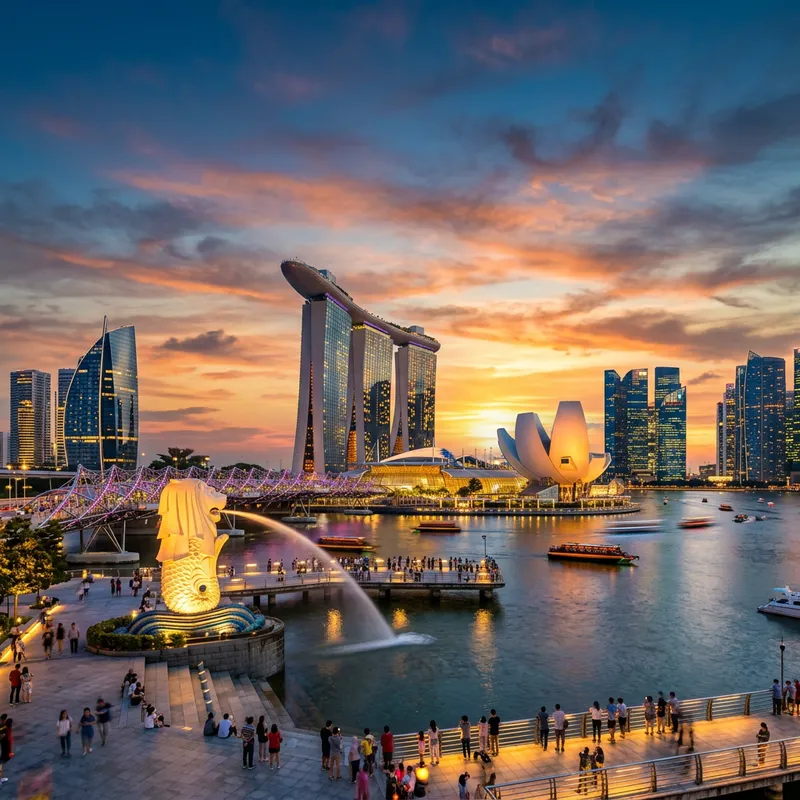 Futuristic Singapore Skyline: Marina Bay Sands & Merlion Futuristic Singapore Skyline: Marina Bay Sands & Merlion