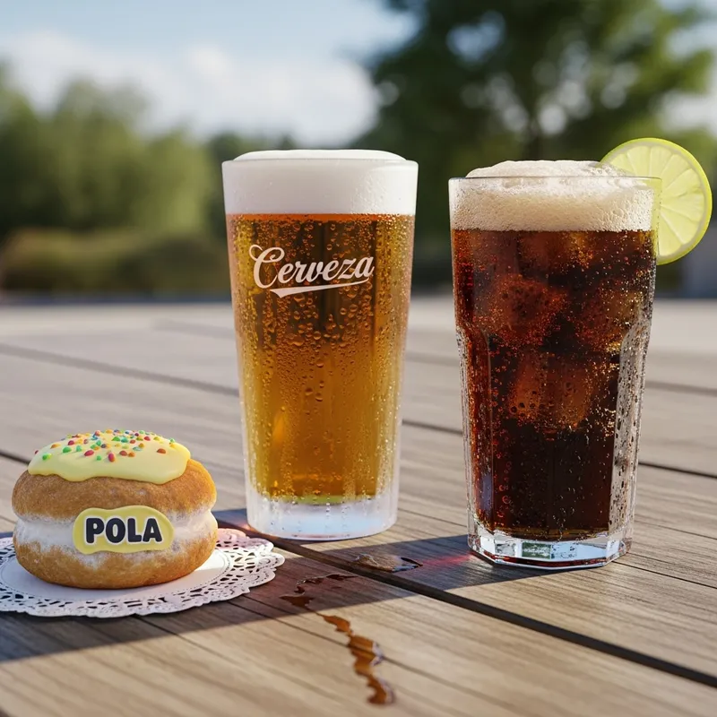 Cerveza, Cola, and Pola: Refreshing Beverages & Sweet Treat on Picnic Table Cerveza, Cola, and Pola: Refreshing Beverages & Sweet Treat on Picnic Table