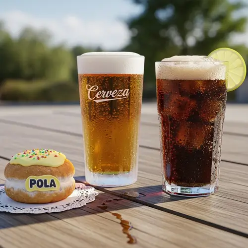 Chilled Beer, Cola, and Pola on Wooden Picnic Table