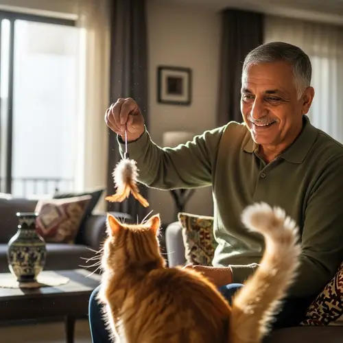 Middle-Eastern Man Playing with Cat - Heartwarming Interaction