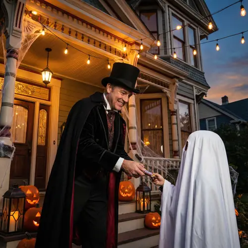 Vintage Halloween: Man in Costume at Victorian House