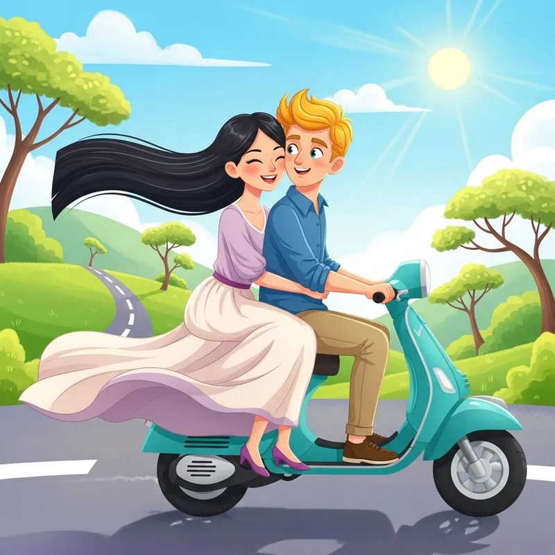 Charming Cartoon Couple Riding Vespa | Long Black & Blond Hair