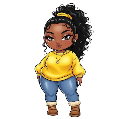 Chibi Style Cartoon Illustration of Plus Size African American Woman